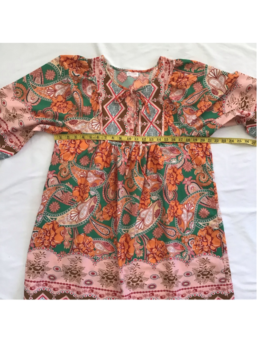 BLUETIME Women Fun Long Sleeve Dress Size M Orange Green Paisley Floral SZ L - Picture 6 of 8